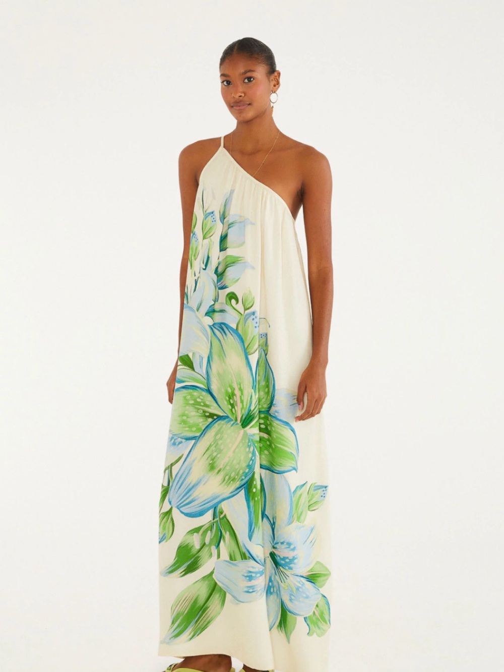 FARM Rio Cream One-Shoulder Maxi Dress with Green & Blue Lilies